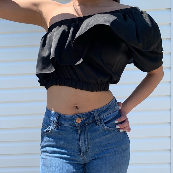 BLACK SILK OFF THE SHOULDER CROP TOP